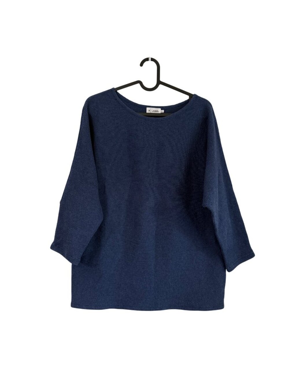 R Label Navy Blue Ribbed Cotton Linen Dolman Sleeve Sweater Womens Size Small